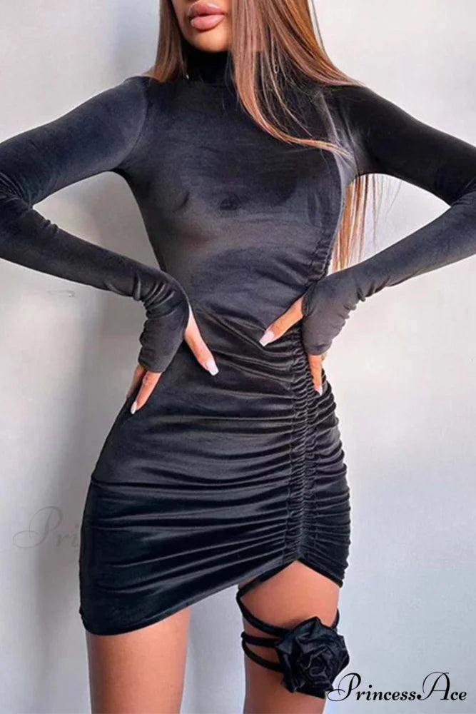 Suede Mock Neck Drawstring Floral Mini Dress