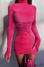 Suede Mock Neck Drawstring Floral Mini Dress