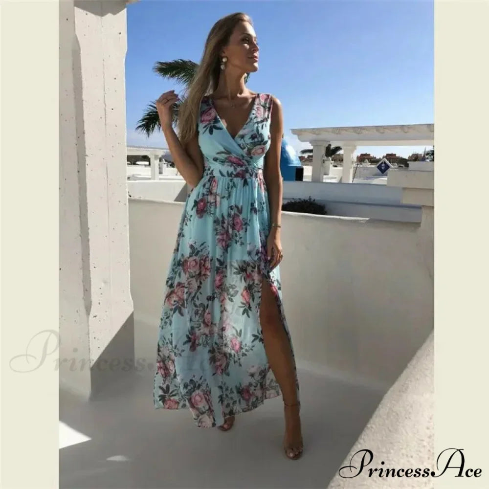 Summer Beach Party Sleeveless V-Neck Floral Long Boho Dress