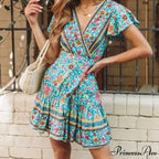 Summer Boho Floral Print Mini Wrap Beach Boho Dress