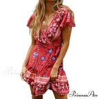 Summer Boho Floral Print Mini Wrap Beach Boho Dress