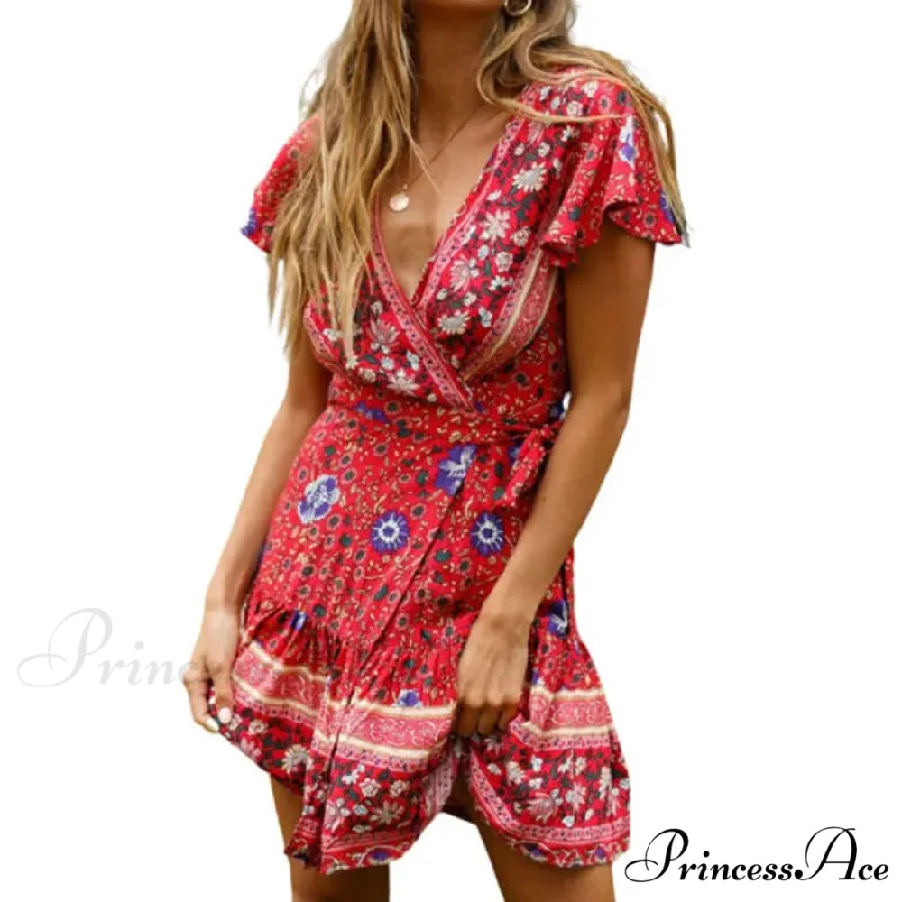 Summer Boho Floral Print Mini Wrap Beach Boho Dress