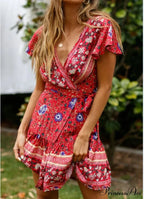 Summer Boho Floral Print Mini Wrap Beach Boho Dress