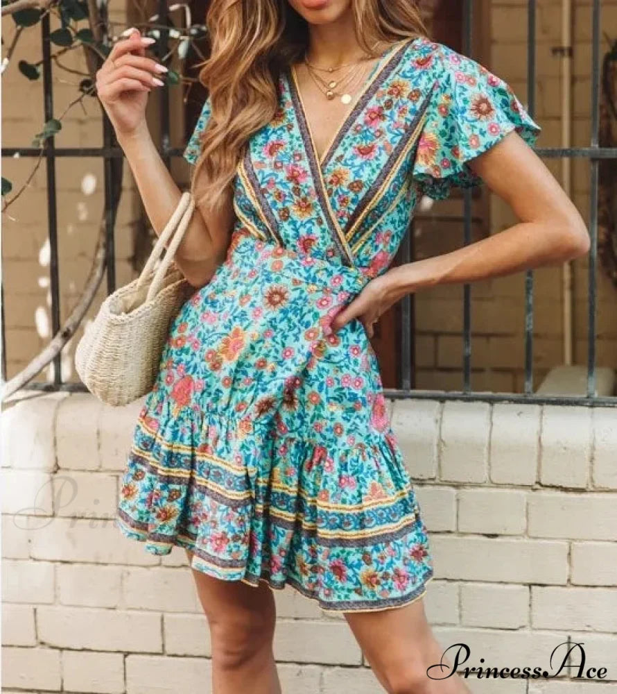 Summer Boho Floral Print Mini Wrap Beach Boho Dress