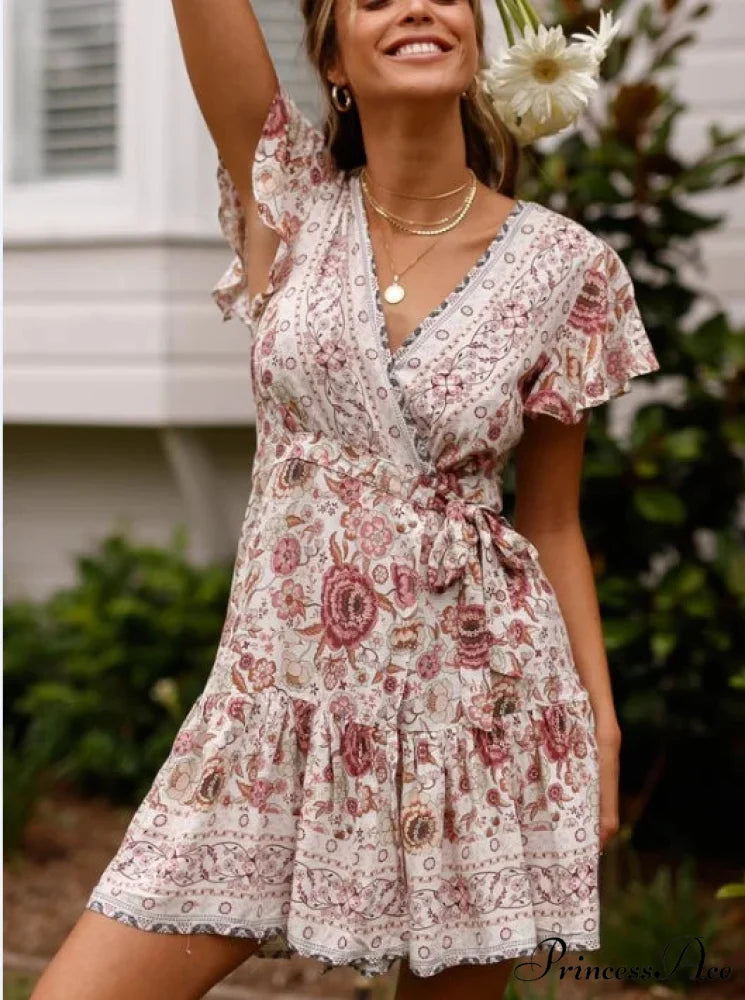 Summer Boho Floral Print Mini Wrap Beach Boho Dress