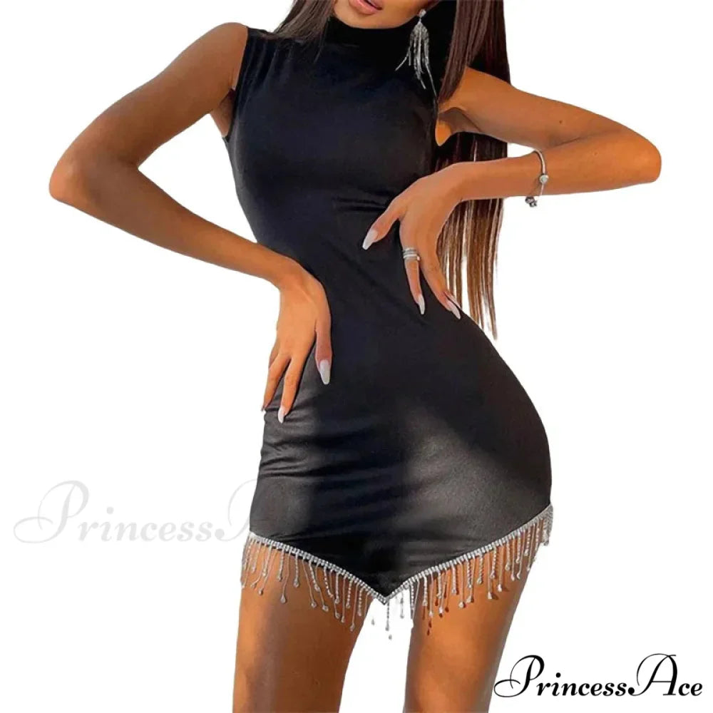 Summer Contrast Color Rhinestones Mini Dress - Round Neck Sleeveless Party Dress