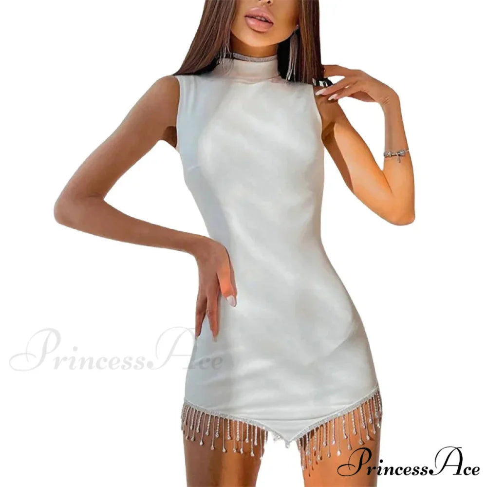 Summer Contrast Color Rhinestones Mini Dress - Round Neck Sleeveless Party Dress