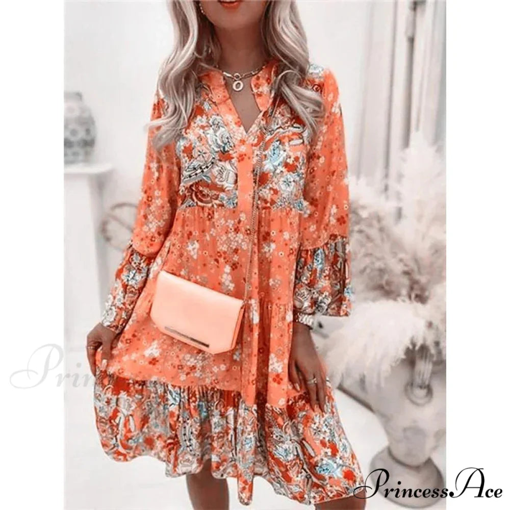 Summer Floral Print V Neck Ruffles Boho Dress