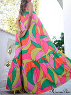 Summer French Deep V-Neck Graceful Backless Halter Printed Dresses