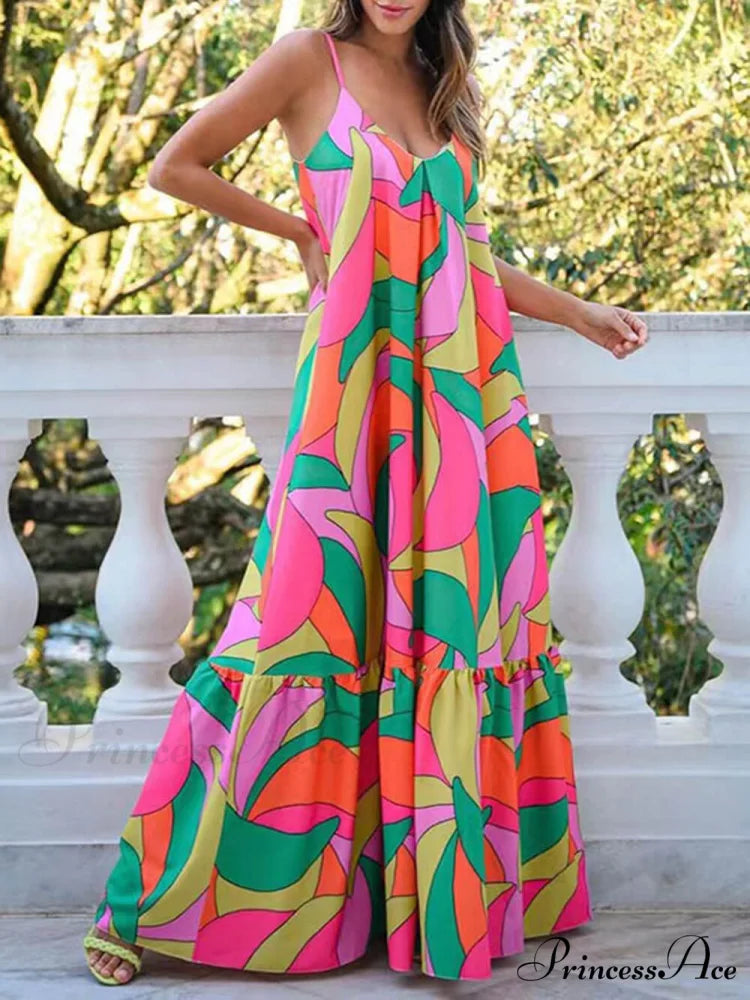 Summer French Deep V-Neck Graceful Backless Halter Printed Dresses