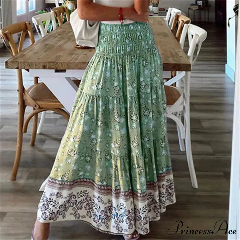 Summer Fresh Women's Printing Skirt Flexible High Waist Pleated Boho