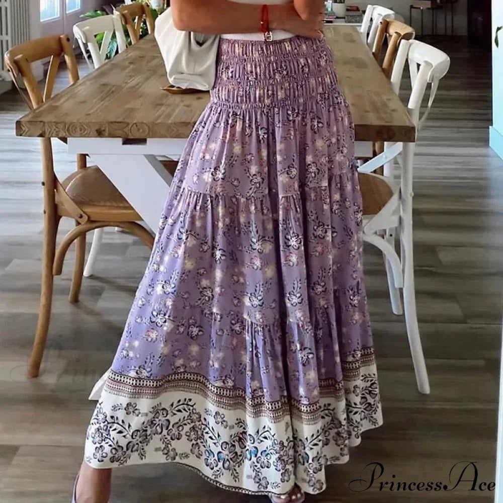 Summer Fresh Women's Printing Skirt Flexible High Waist Pleated Boho