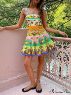 Summer MulticolorLemon Preated Charming Hem Mini Dress