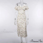 Summer Off Shoulder Puff Sleeve Lace Up Side Split Chic Aesthetic Floral Dress