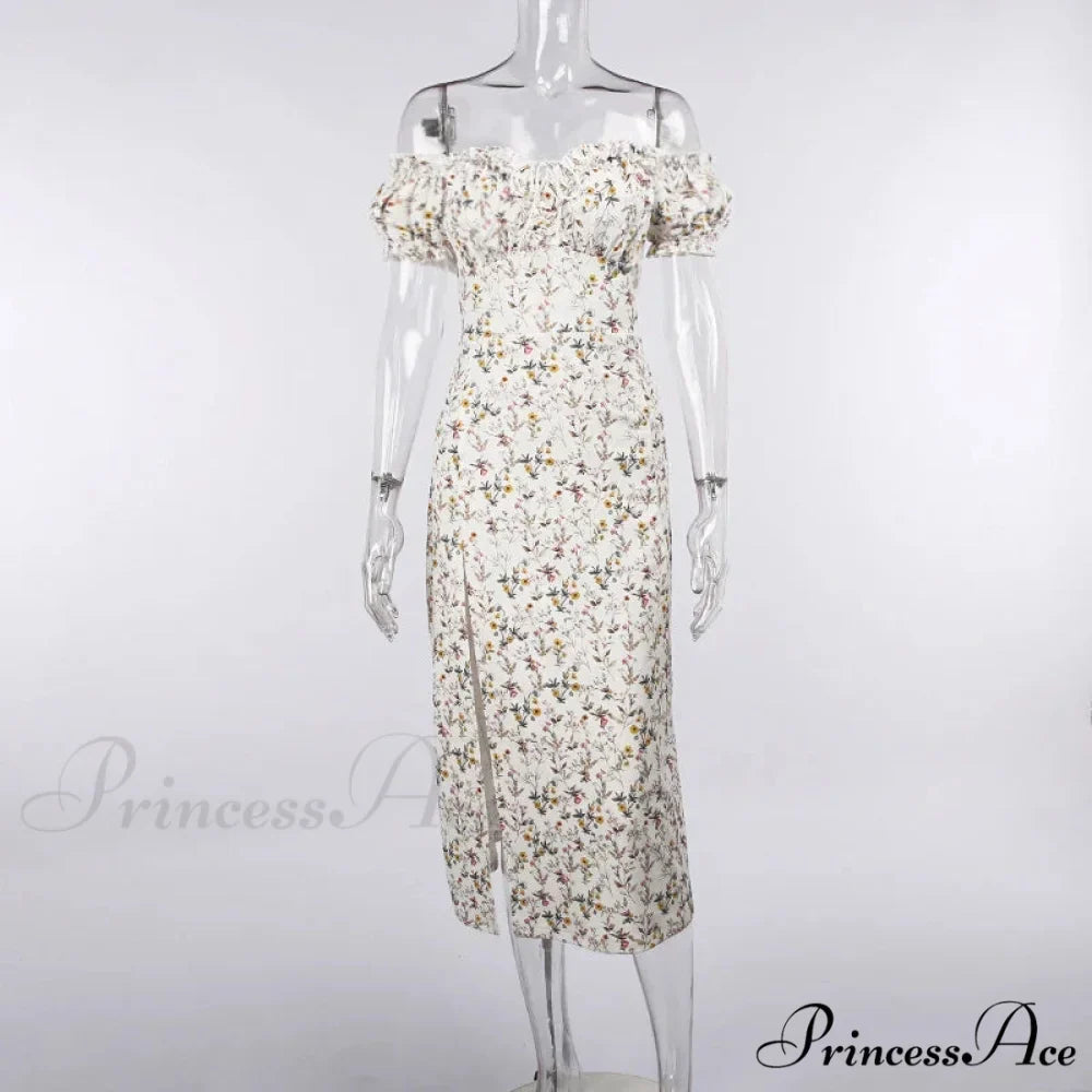 Summer Off Shoulder Puff Sleeve Lace Up Side Split Chic Aesthetic Floral Dress
