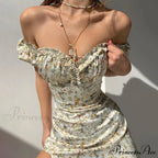 Summer Off Shoulder Puff Sleeve Lace Up Side Split Chic Aesthetic Floral Dress