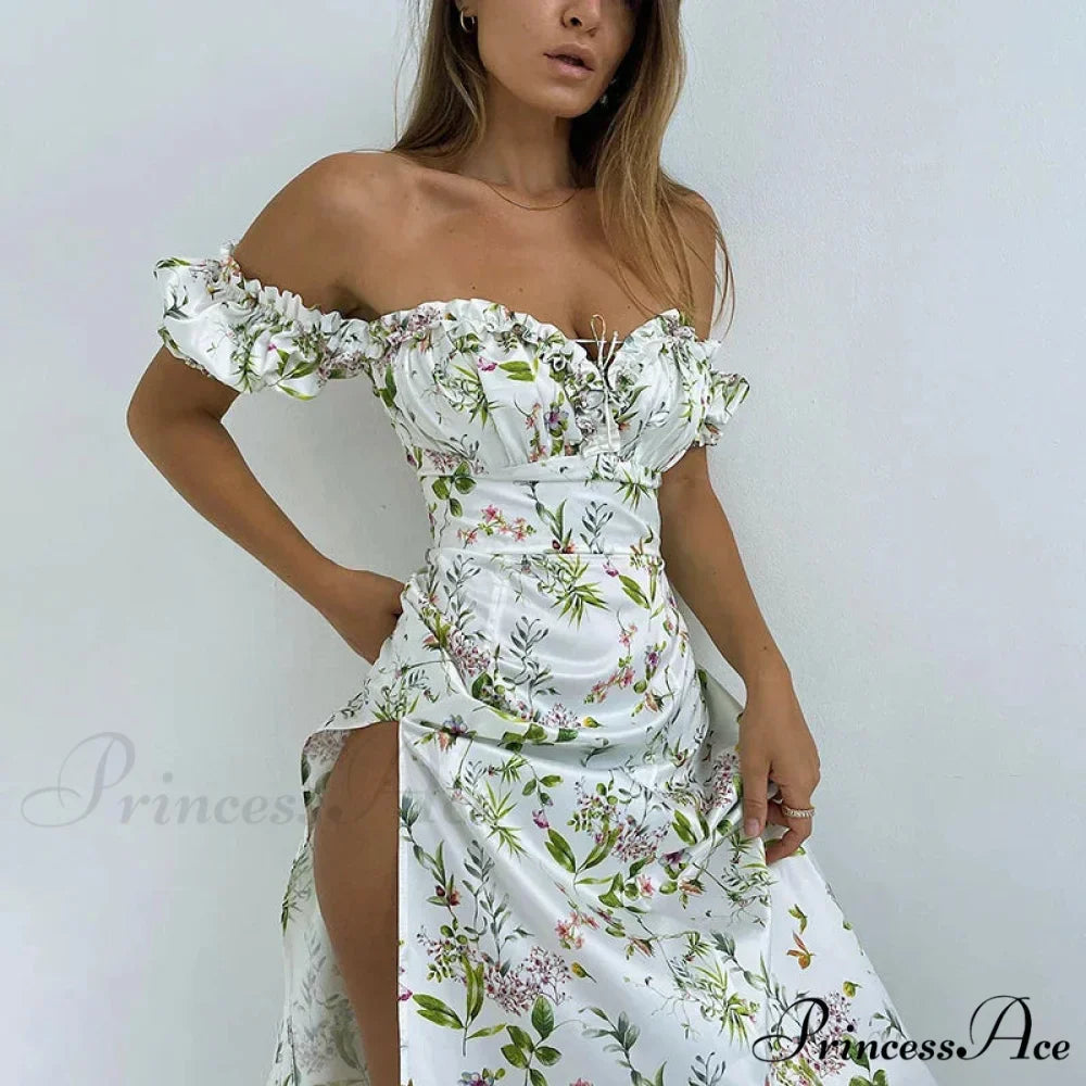 Summer Off Shoulder Puff Sleeve Lace Up Side Split Chic Aesthetic Floral Dress