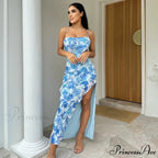 Summer Off-the-Shoulder Flanged Splicing Split Halter Sexy Costume Fashion es 2024 Floral Dress