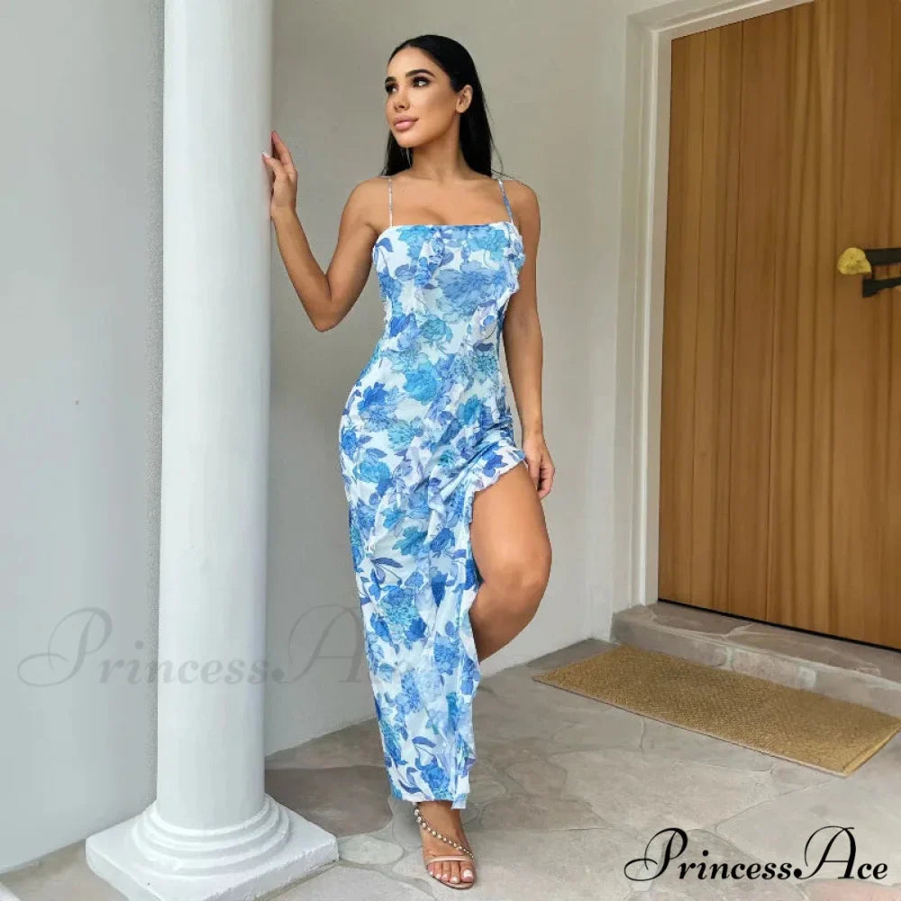 Summer Off-the-Shoulder Flanged Splicing Split Halter Sexy Costume Fashion es 2024 Floral Dress