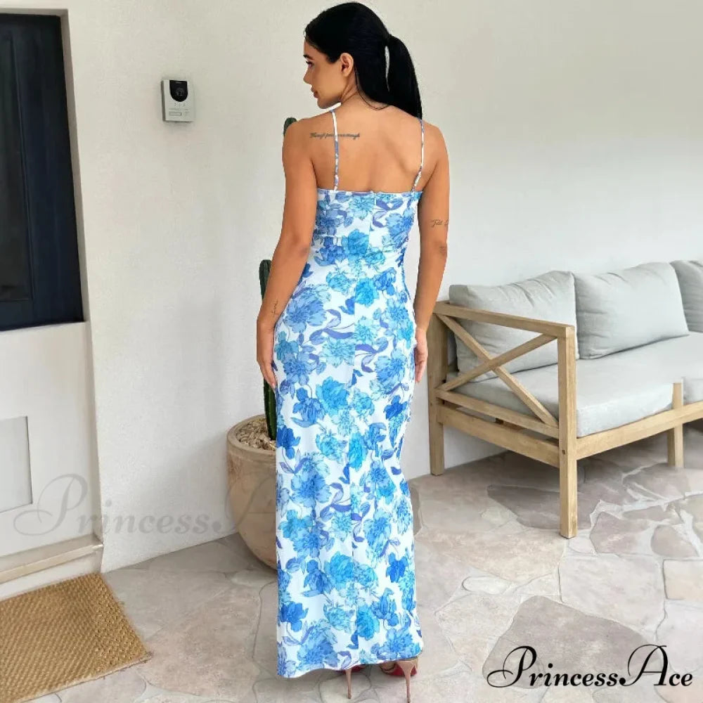 Summer Off-the-Shoulder Flanged Splicing Split Halter Sexy Costume Fashion es 2024 Floral Dress