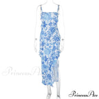 Summer Off-the-Shoulder Flanged Splicing Split Halter Sexy Costume Fashion es 2024 Floral Dress