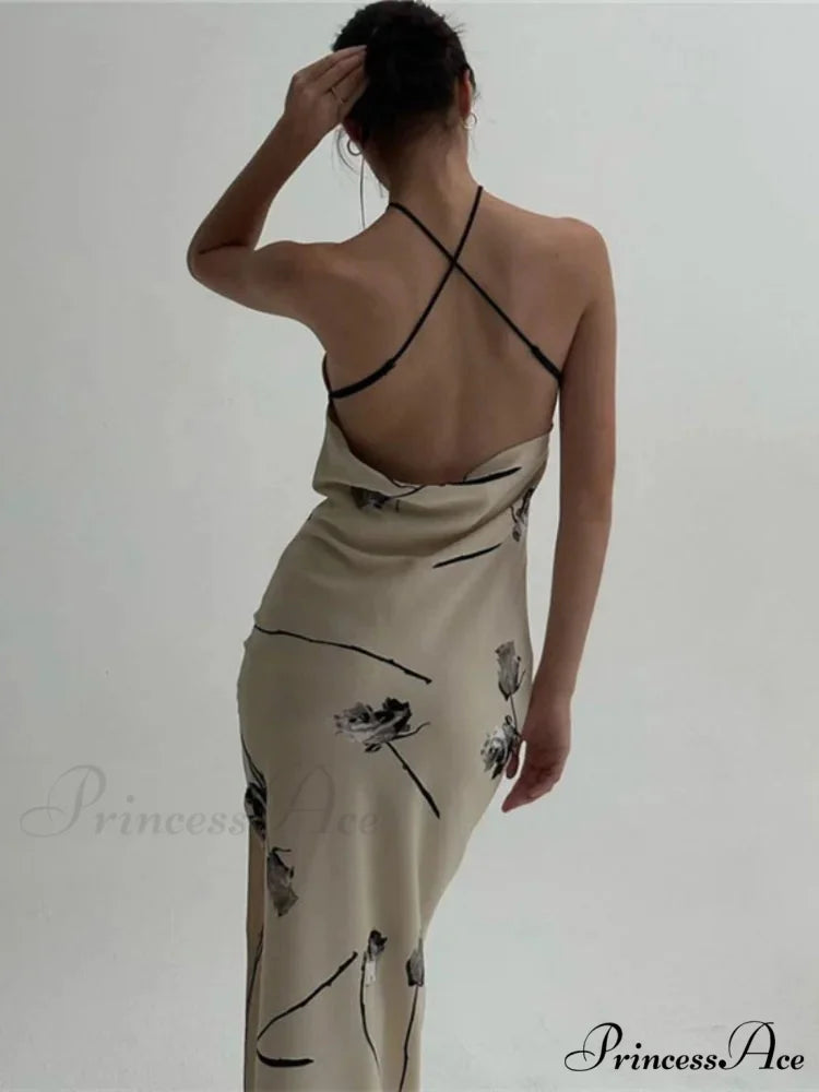 Summer Print Long Halter Backless Satin Split es Women 2024 Hot Vestidos Floral Dress