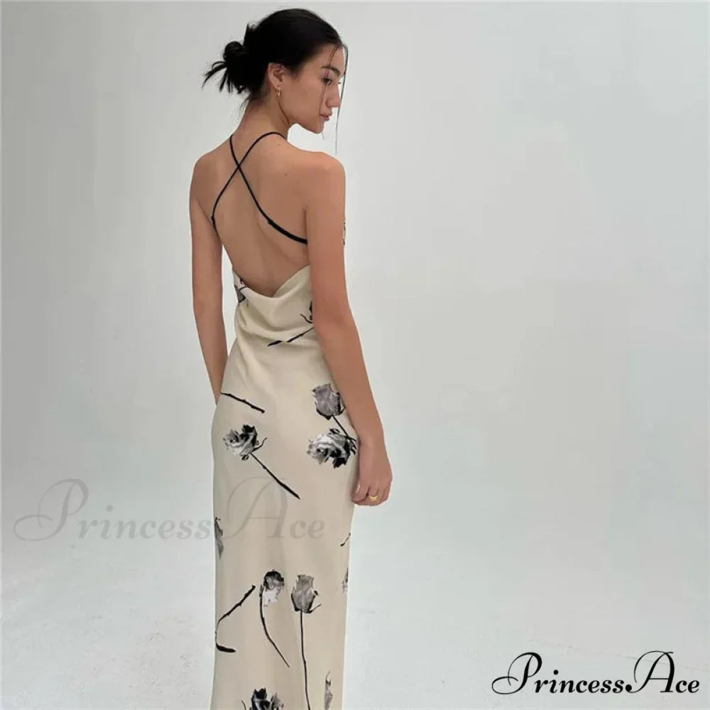 Summer Print Long Halter Backless Satin Split es Women 2024 Hot Vestidos Floral Dress