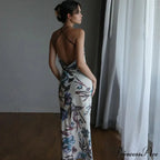 Summer Print Long Halter Backless Satin Split es Women 2024 Hot Vestidos Floral Dress