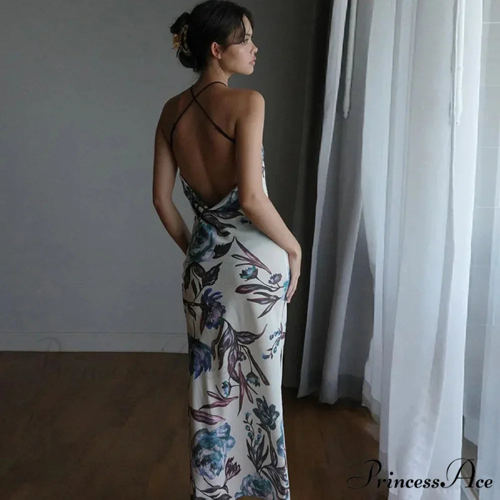 Summer Print Long Halter Backless Satin Split es Women 2024 Hot Vestidos Floral Dress