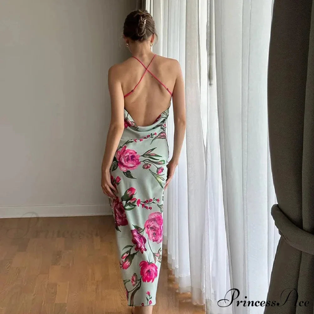 Summer Print Long Halter Backless Satin Split es Women 2024 Hot Vestidos Floral Dress