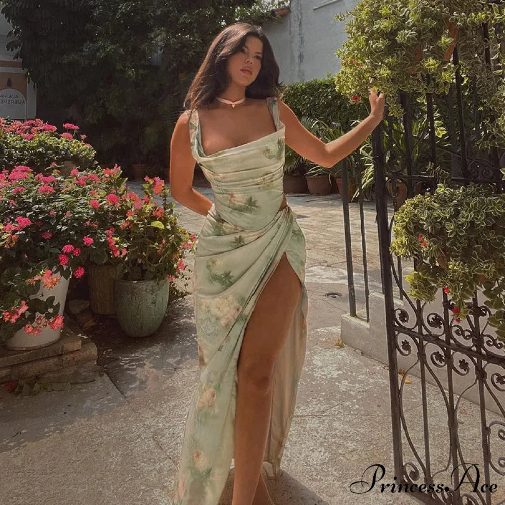 Summer Rose printed Cultivate One's Morality Fashion Suits Condole Belt Vest Tall Waist Sexy Open Fork Skirt Floral Dress