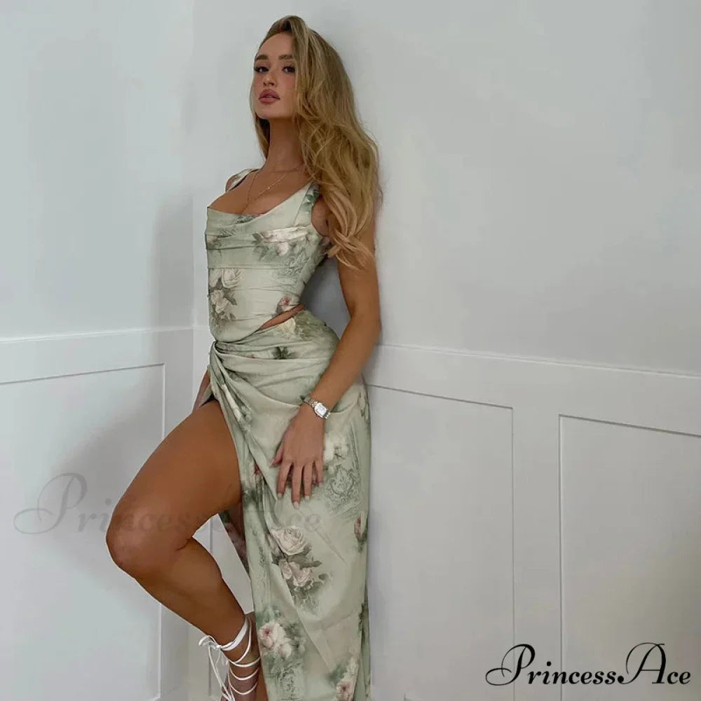 Summer Rose printed Cultivate One's Morality Fashion Suits Condole Belt Vest Tall Waist Sexy Open Fork Skirt Floral Dress