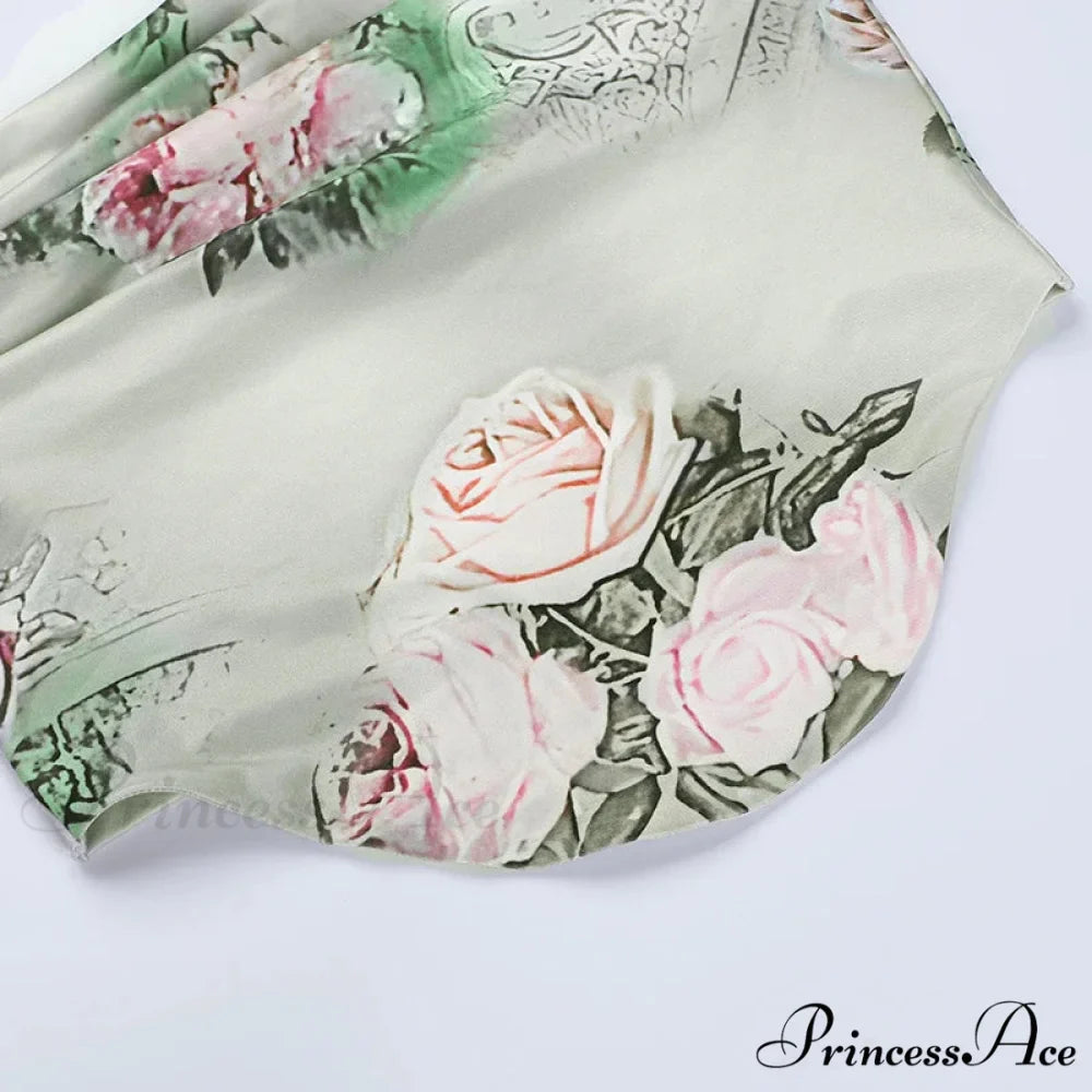 Summer Rose printed Cultivate One's Morality Fashion Suits Condole Belt Vest Tall Waist Sexy Open Fork Skirt Floral Dress