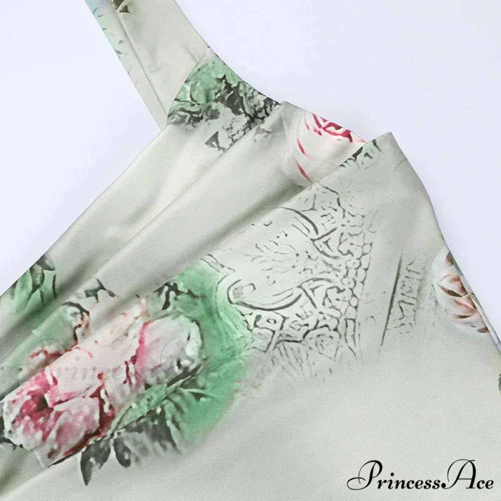 Summer Rose printed Cultivate One's Morality Fashion Suits Condole Belt Vest Tall Waist Sexy Open Fork Skirt Floral Dress