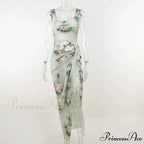 Summer Rose printed Cultivate One's Morality Fashion Suits Condole Belt Vest Tall Waist Sexy Open Fork Skirt Floral Dress