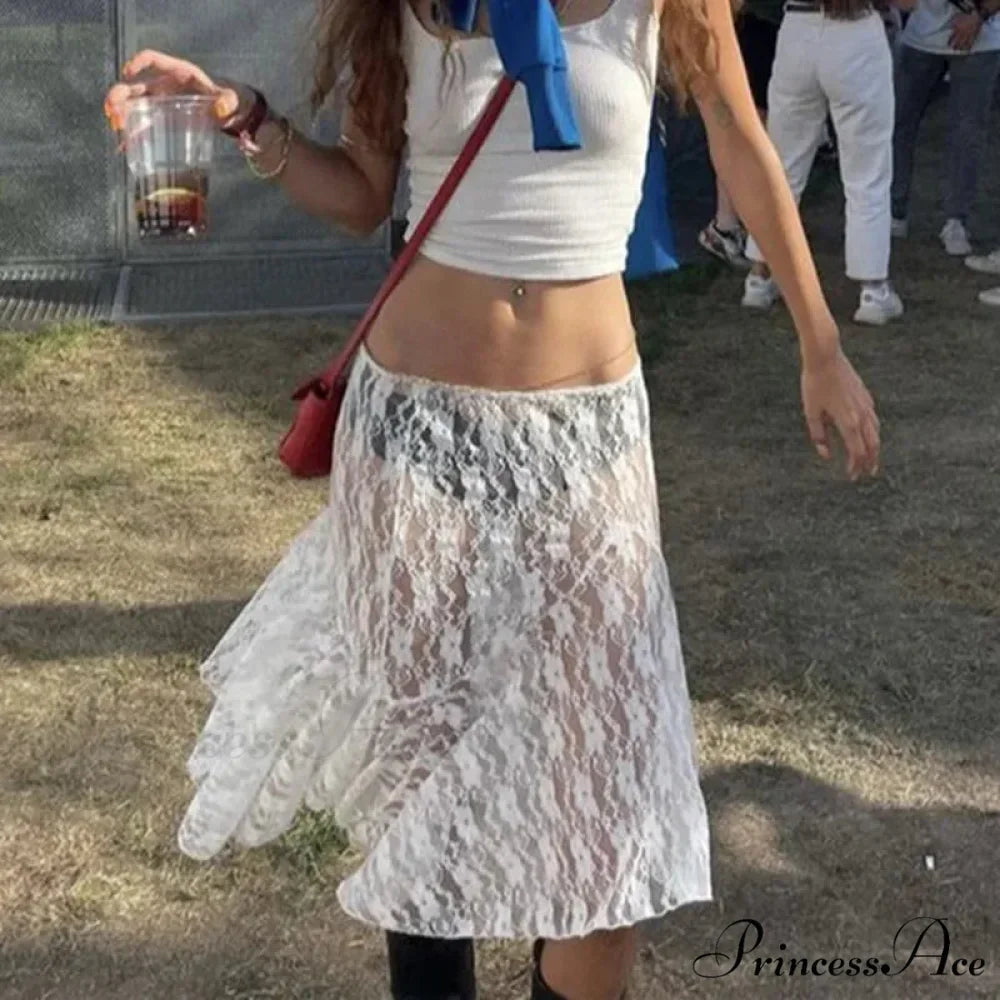 Summer See Through Boho Fairy Grunge Lace Maxi Skirt