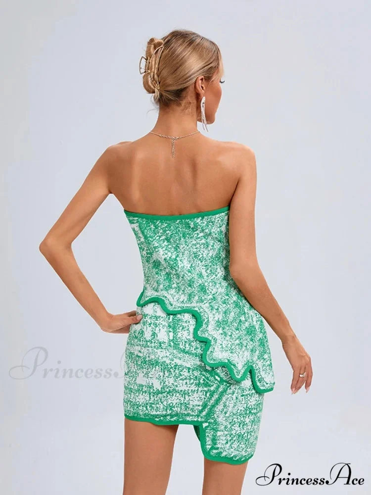 Summer Sexy Asymmetric Strapless Top Mini Skirts Two Piece Christmas Party Dress