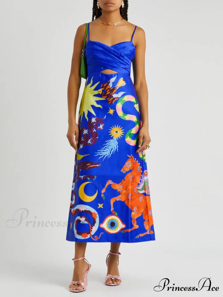 Summer Sexy Satin Backless Graceful Printed Sleeveless Midi Dress