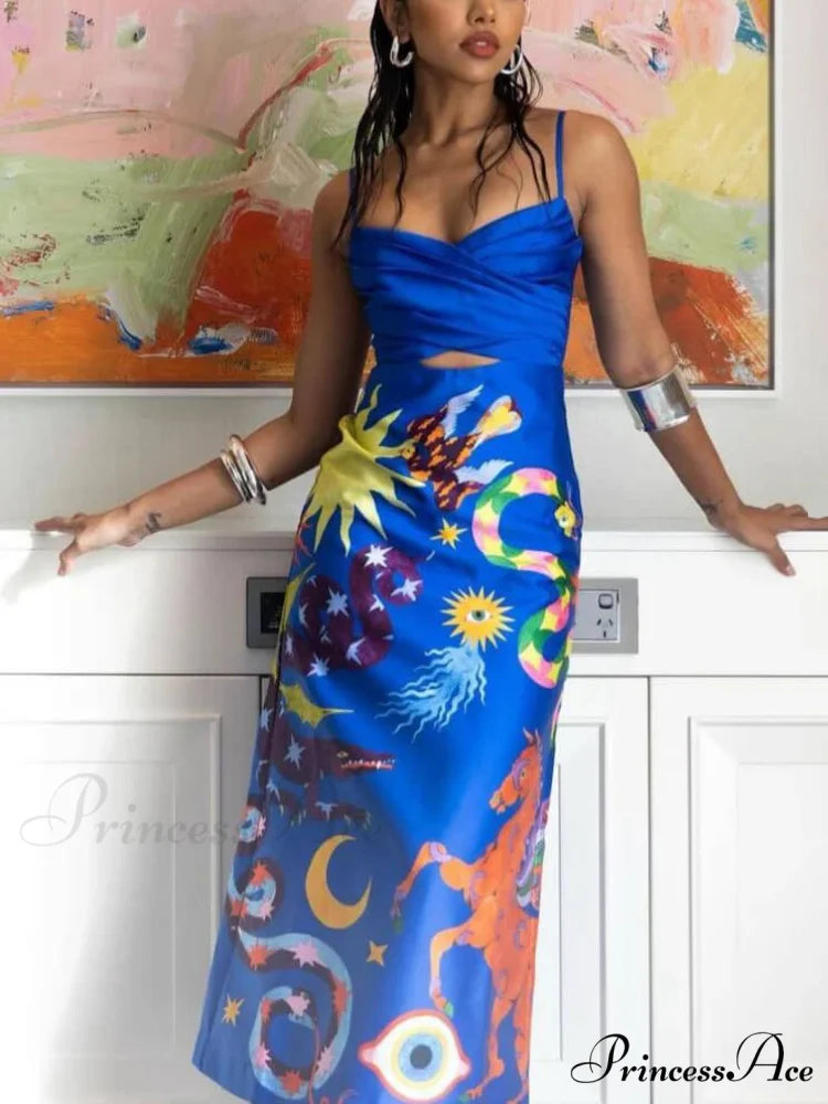 Summer Sexy Satin Backless Graceful Printed Sleeveless Midi Dress