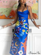 Summer Sexy Satin Backless Graceful Printed Sleeveless Midi Dress