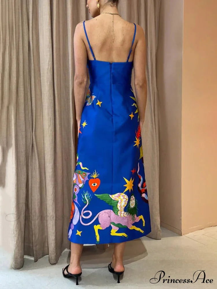 Summer Sexy Satin Backless Graceful Printed Sleeveless Midi Dress