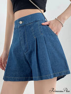 Summer Size Denim High Elastic Waist Pleated Mini Large Size Short