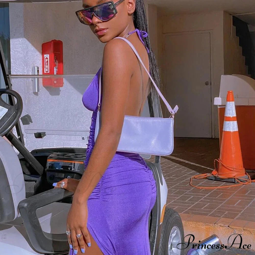 Summer Split Backless Drawstring Ruched Sleeveless Halter Women's Midi Dress