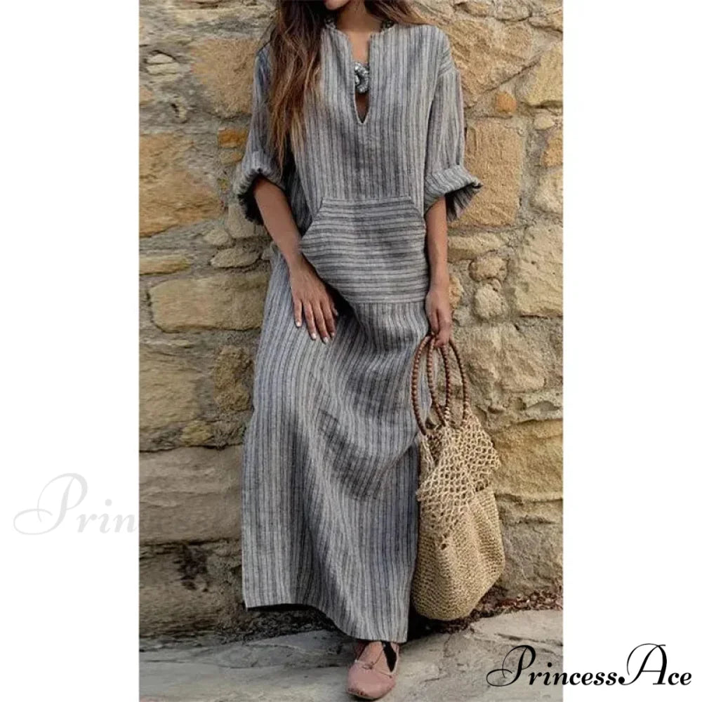 Summer Striped Cotton Linen Oversize Long Boho Dress