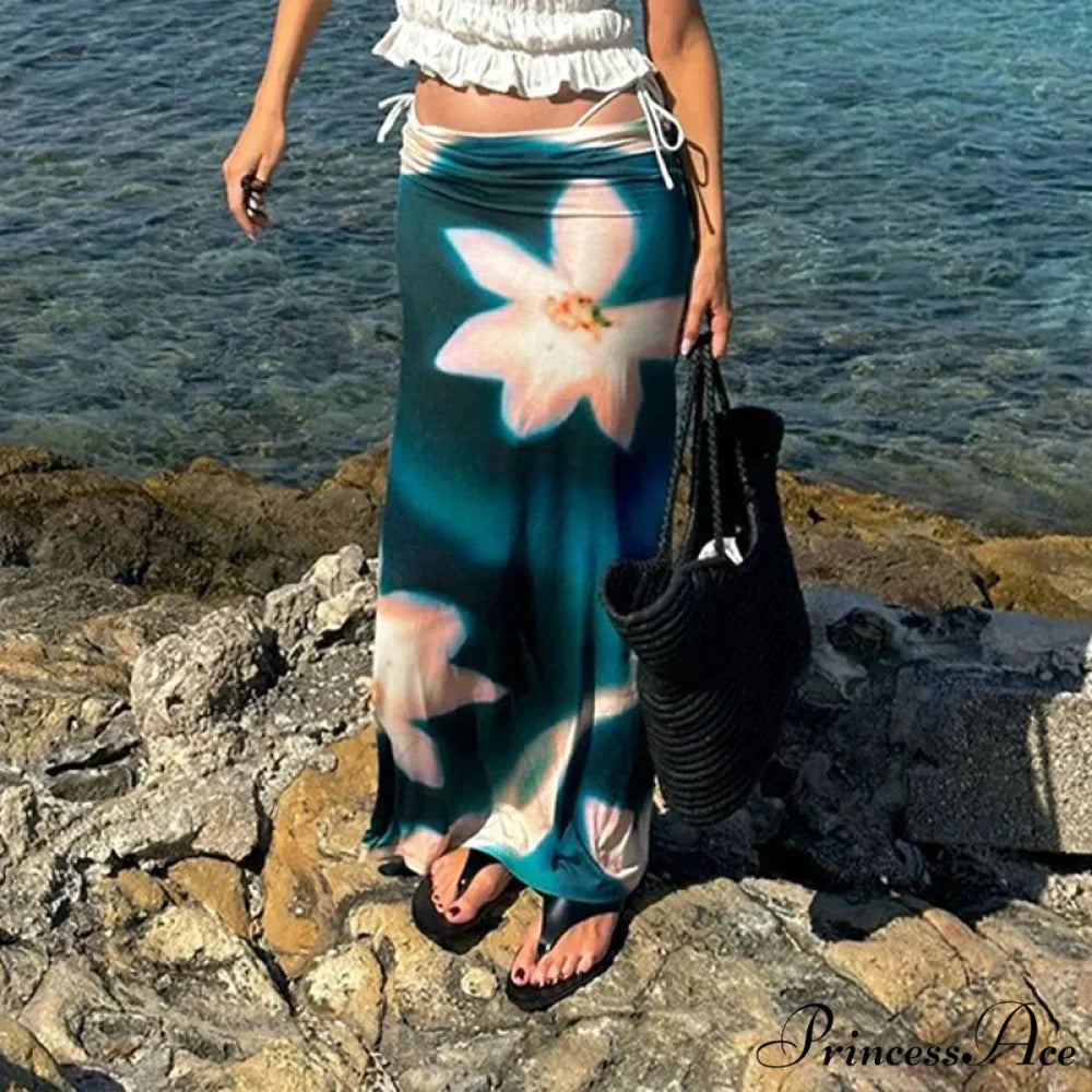 Summer Style Azure Pattern High Rise Maxi Skirt Nightclub Skirt