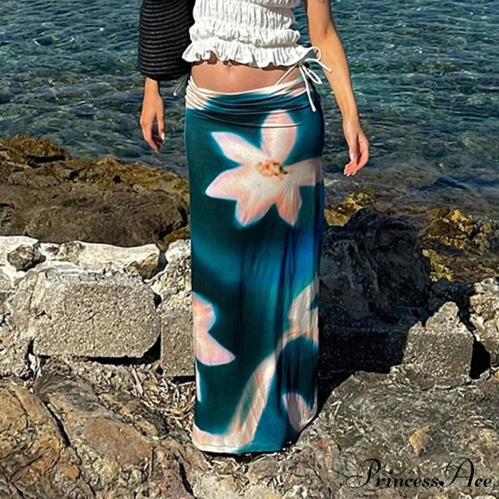 Summer Style Azure Pattern High Rise Maxi Skirt Nightclub Skirt