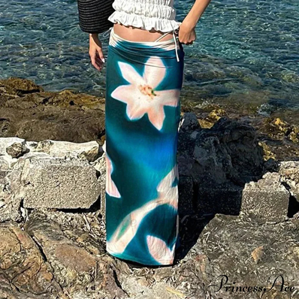 Summer Style Azure Pattern High Rise Maxi Skirt Nightclub Skirt