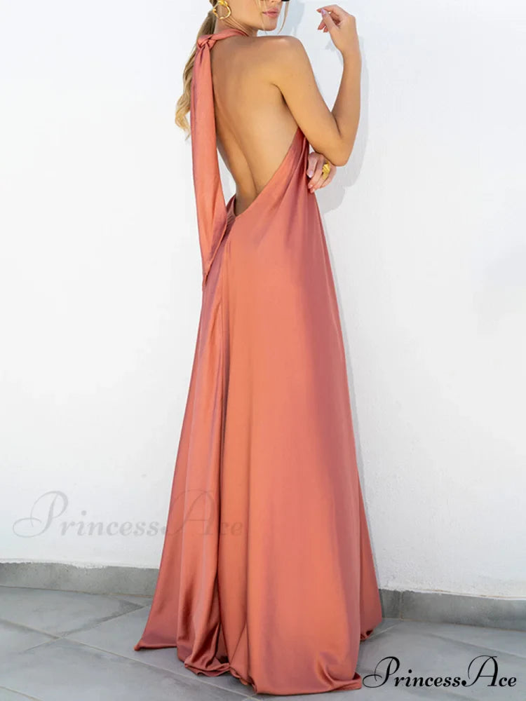 Summer Temperament Satin Charming Halter Swing Gown Dresses