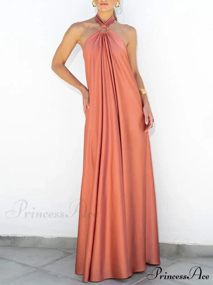 Summer Temperament Satin Charming Halter Swing Gown Dresses