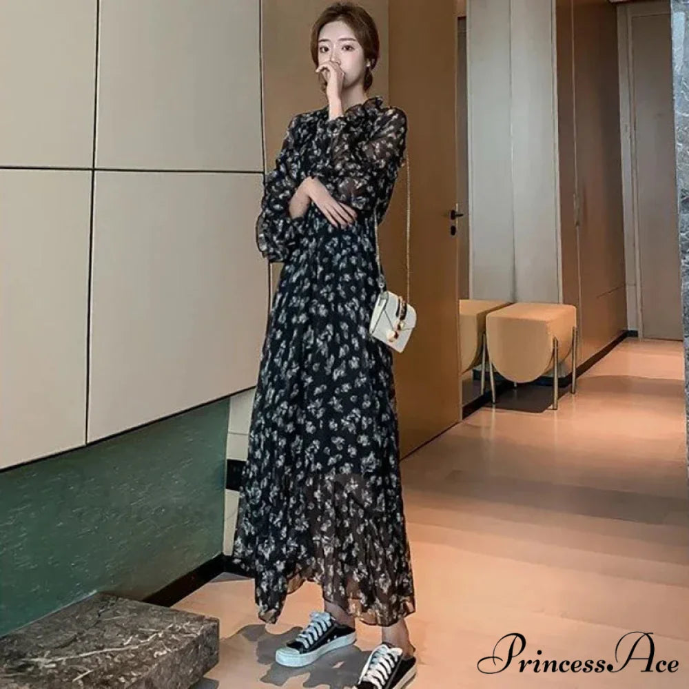 Summer Thin Floral Chiffon Lace Vintage Black Boho Dress